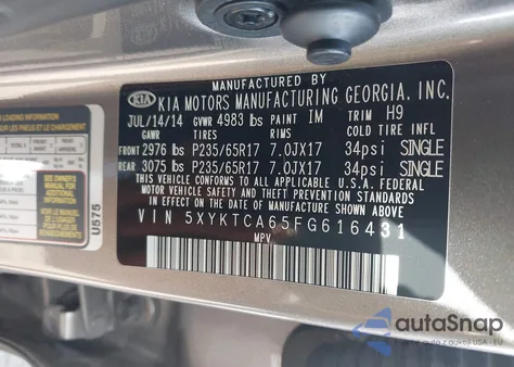 2015 Kia Sorento Lx z USA, uszkodzony, nr VIN 5XYKTCA65FG616431